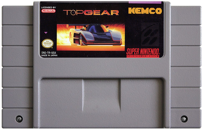 Top Gear cartridge for the Super Nintendo Entertainment System featuring 16 bit racing gameplay with fast paced arcade style cars multiple tracks and competitive time trial and multiplayer modes cartridge