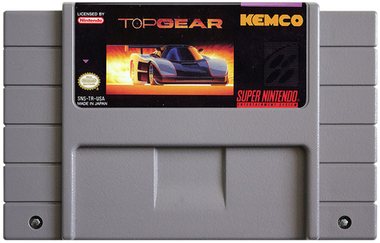 Top Gear cartridge for the Super Nintendo Entertainment System featuring 16 bit racing gameplay with fast paced arcade style cars multiple tracks and competitive time trial and multiplayer modes cartridge