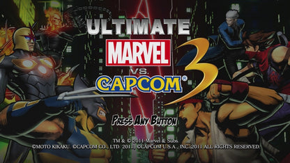 Ultimate Marvel vs. Capcom 3 start screen for Xbox 360 (X360) crossover fighting video game