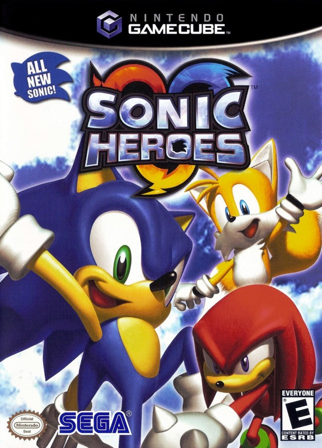 Sonic Heroes GameCube game featuring fast-paced team-based platforming, colorful 3D levels, and classic Sonic the Hedgehog action adventure cover art