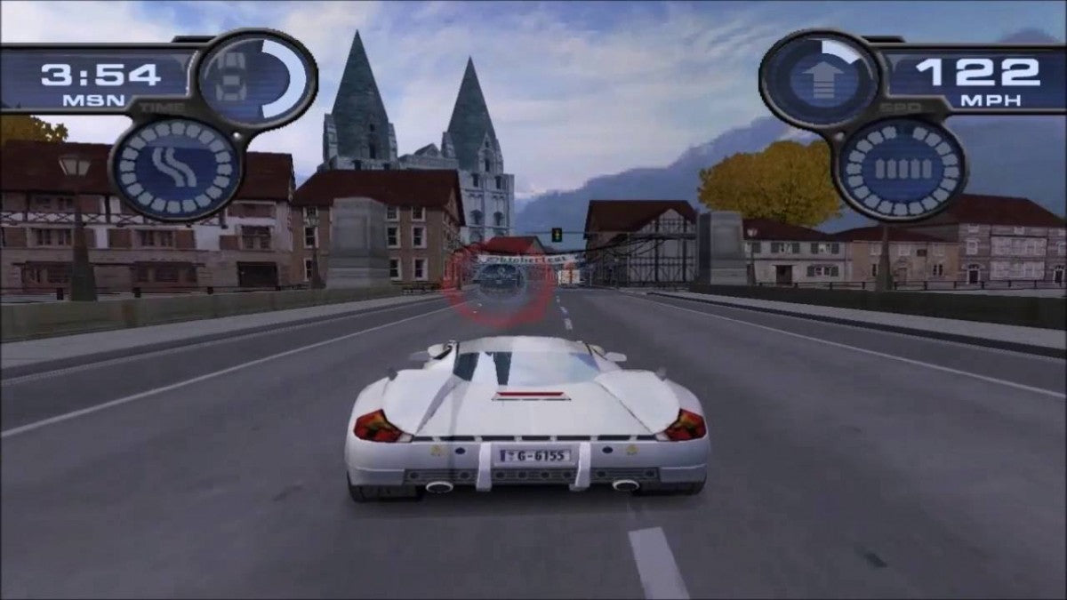 Spy Hunter for Nintendo GameCube vehicular combat action game featuring high speed driving weapons upgrades mission based gameplay arcade style espionage theme gameplay 