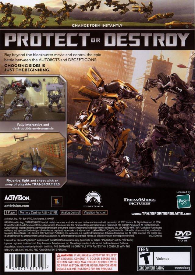 Transformers: The Game back cover art for Playstation 2 (PS2) video game