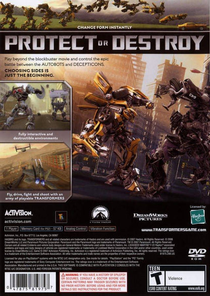 Transformers: The Game back cover art for Playstation 2 (PS2) video game
