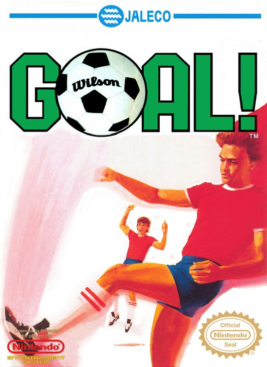 Goal! cartridge for the Nintendo Entertainment System featuring 8 bit soccer gameplay with international teams fast paced matches and arcade style sports action front cover