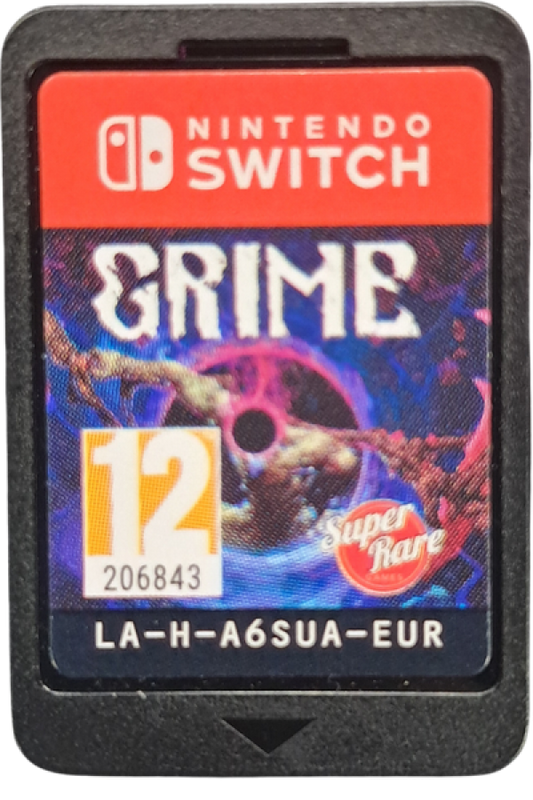 GRIME Definitive Edition Nintendo Switch inspired design featuring dark surreal action adventure aesthetic organic metamorphic world exploration challenging parry based combat grotesque cosmic environments metroidvania progression and atmospheric body horror gameplay presentation cartridge