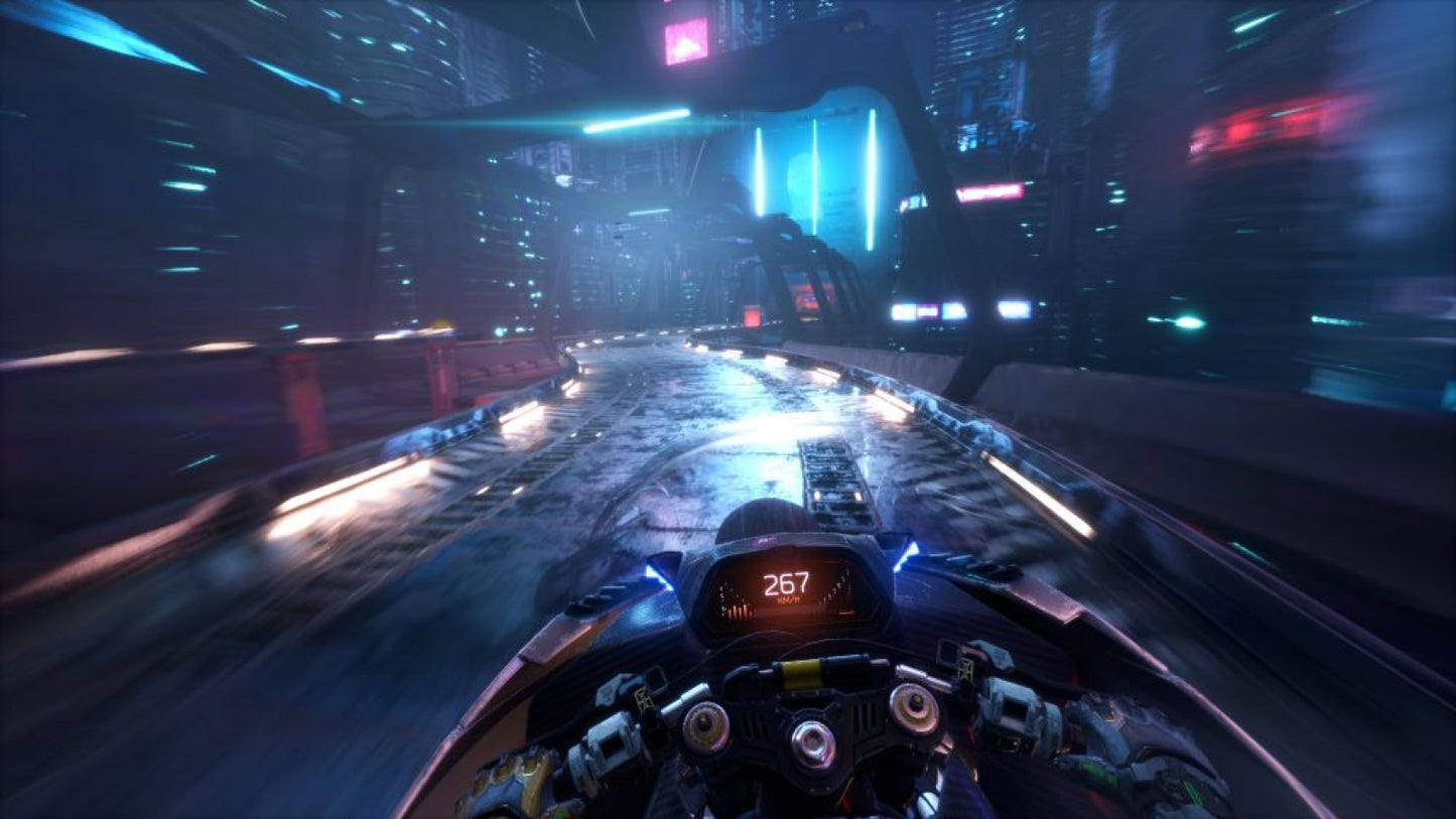 Ghostrunner game for the Xbox Series X featuring fast paced first person action gameplay with parkour movement one hit combat cyberpunk environments and precision platforming as players slice through enemies in a futuristic city gameplay