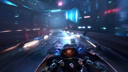 Ghostrunner game for the Xbox Series X featuring fast paced first person action gameplay with parkour movement one hit combat cyberpunk environments and precision platforming as players slice through enemies in a futuristic city gameplay