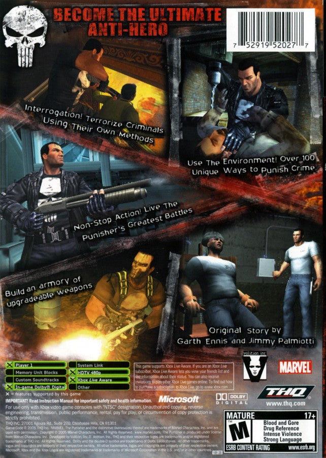 The Punisher Xbox retro video game action shooter featuring Frank Castle intense combat weapons tactical gameplay crime fighting missions Marvel character action third person shooting Xbox gaming experience collectible game collection appeal back cover art