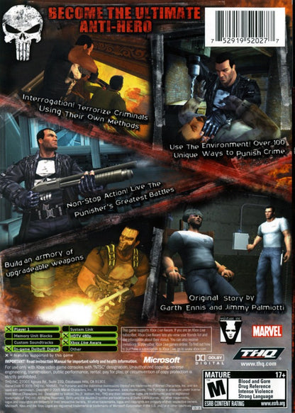 The Punisher Xbox retro video game action shooter featuring Frank Castle intense combat weapons tactical gameplay crime fighting missions Marvel character action third person shooting Xbox gaming experience collectible game collection appeal back cover art