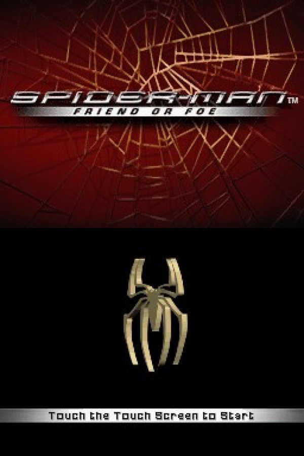 Spider-Man Friend or Foe for Nintendo DS (DS), title screen for a retro video game featuring action-adventure gameplay, beat-em-up combat, character-based missions, co-op mechanics, and superhero-themed battles