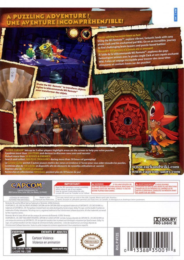 Zack & Wiki: Quest for Barbaros’ Treasure back cover art for Nintendo Wii (Wii) featuring puzzle‑adventure gameplay with inventive challenges and whimsical cartoon‑style visuals.