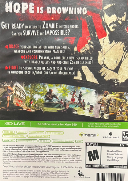 Dead Island Riptide Special Edition Xbox 360 X360 for retro video game enthusiasts featuring first person zombie survival gameplay tropical island exploration intense melee combat weapon customization cooperative multiplayer missions and collectible gaming appeal back cover art