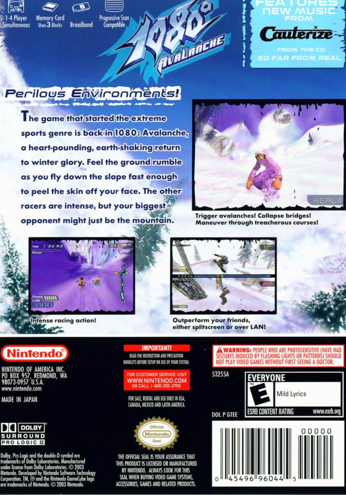 1080 Avalanche Nintendo GameCube fast-paced extreme snowboarding racing video game with trick system realistic courses avalanche escapes and multiplayer modes as the successor to 1080° Snowboarding retro gaming Nintendo GameCube classic back cover