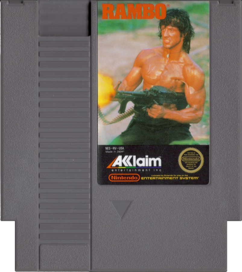 Rambo Nintendo Entertainment System NES video game featuring action adventure gameplay John Rambo military combat enemy battles weapon attacks jungle missions survival action challenging stages and classic 8 bit Nintendo gameplay retro video game collection collectible gaming appeal game cartridge