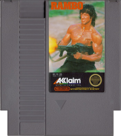 Rambo Nintendo Entertainment System NES video game featuring action adventure gameplay John Rambo military combat enemy battles weapon attacks jungle missions survival action challenging stages and classic 8 bit Nintendo gameplay retro video game collection collectible gaming appeal game cartridge