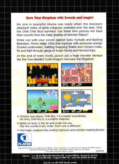 Chiki Chiki Boys Sega Genesis GEN for retro video game enthusiasts featuring side scrolling action platforming gameplay fantasy adventure cooperative multiplayer colorful levels magical abilities challenging enemies classic arcade action and collectible gaming appeal gameplay 