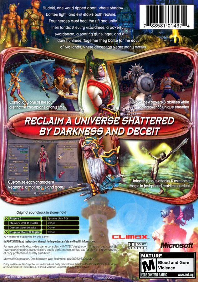 Sudeki Xbox game featuring action RPG combat, character switching gameplay, and an epic fantasy adventure storyline back cover art
