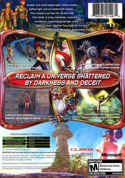 Sudeki Xbox game featuring action RPG combat, character switching gameplay, and an epic fantasy adventure storyline back cover art