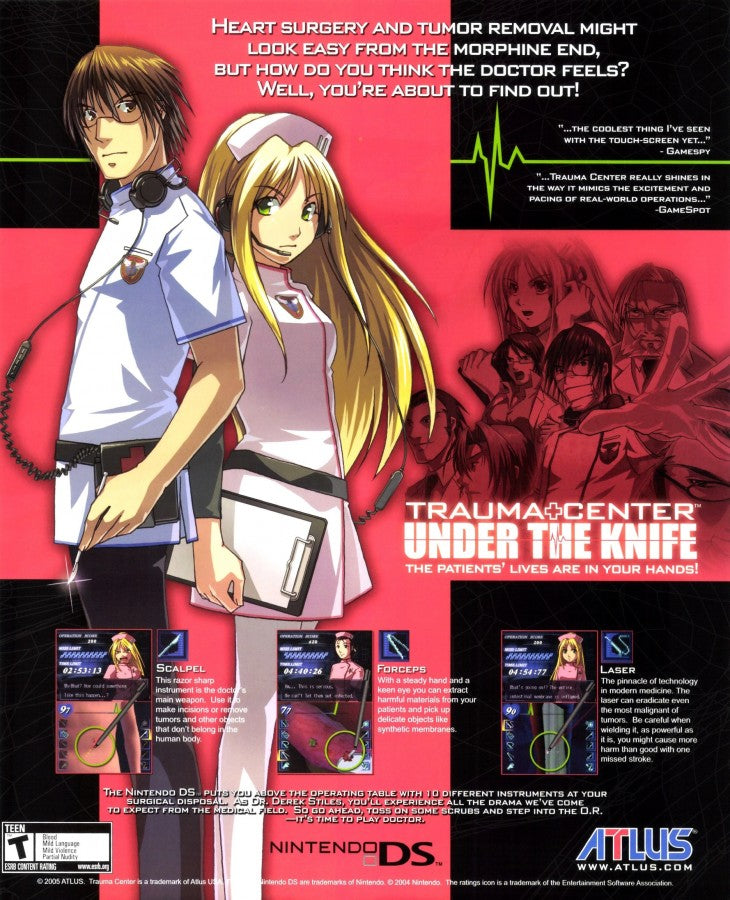 Trauma Center Under the Knife Nintendo DS for medical simulation video game fans featuring surgical procedures touch screen controls fast paced operations dramatic storytelling precision gameplay challenging diagnoses anime inspired visuals Atlus adventure collectible gaming appeal gameplay