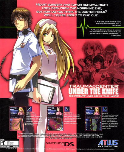 Trauma Center Under the Knife Nintendo DS for medical simulation video game fans featuring surgical procedures touch screen controls fast paced operations dramatic storytelling precision gameplay challenging diagnoses anime inspired visuals Atlus adventure collectible gaming appeal gameplay