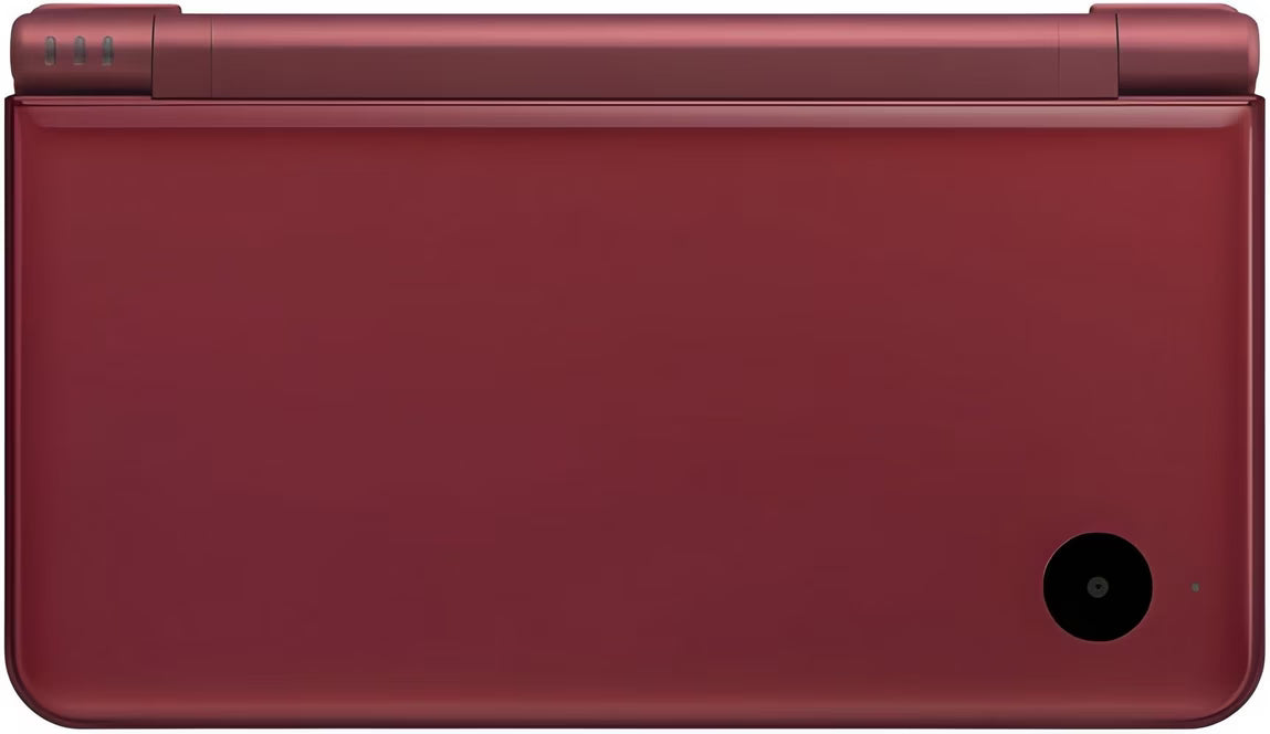 Nintendo DSi XL Burgundy Wine Scratch and Scuff handheld gaming console featuring large dual screens enhanced display stylus touchscreen controls built in cameras wireless connectivity Nintendo DS game compatibility DSi software support burgundy wine finish portable gaming design pre owned condition with cosmetic wear classic Nintendo handheld hardware retro gaming collection collectible console appeal front