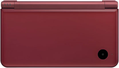 Nintendo DSi XL Burgundy Wine Scratch and Scuff handheld gaming console featuring large dual screens enhanced display stylus touchscreen controls built in cameras wireless connectivity Nintendo DS game compatibility DSi software support burgundy wine finish portable gaming design pre owned condition with cosmetic wear classic Nintendo handheld hardware retro gaming collection collectible console appeal front