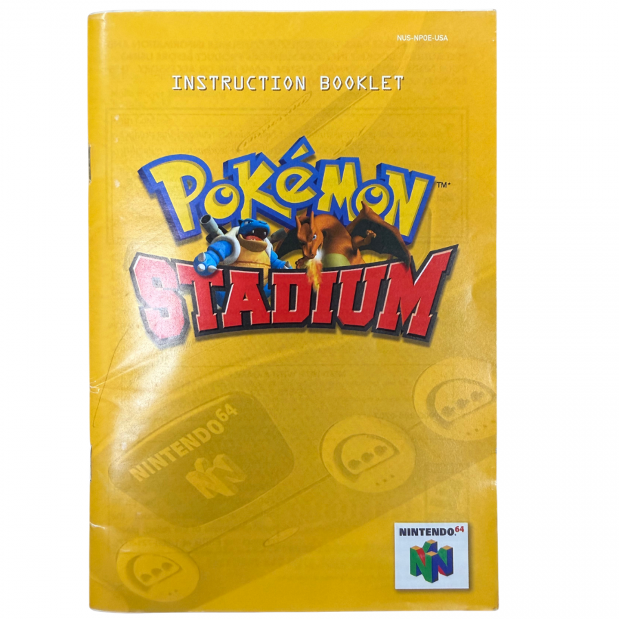 Pokémon Stadium Nintendo 64 N64 for Pokémon battle video game fans featuring 3D Pokémon battles tournament modes mini games Gym Leader Castle rental Pokémon multiplayer competitions and classic Nintendo 64 gameplay collectible retro gaming appeal front of manual