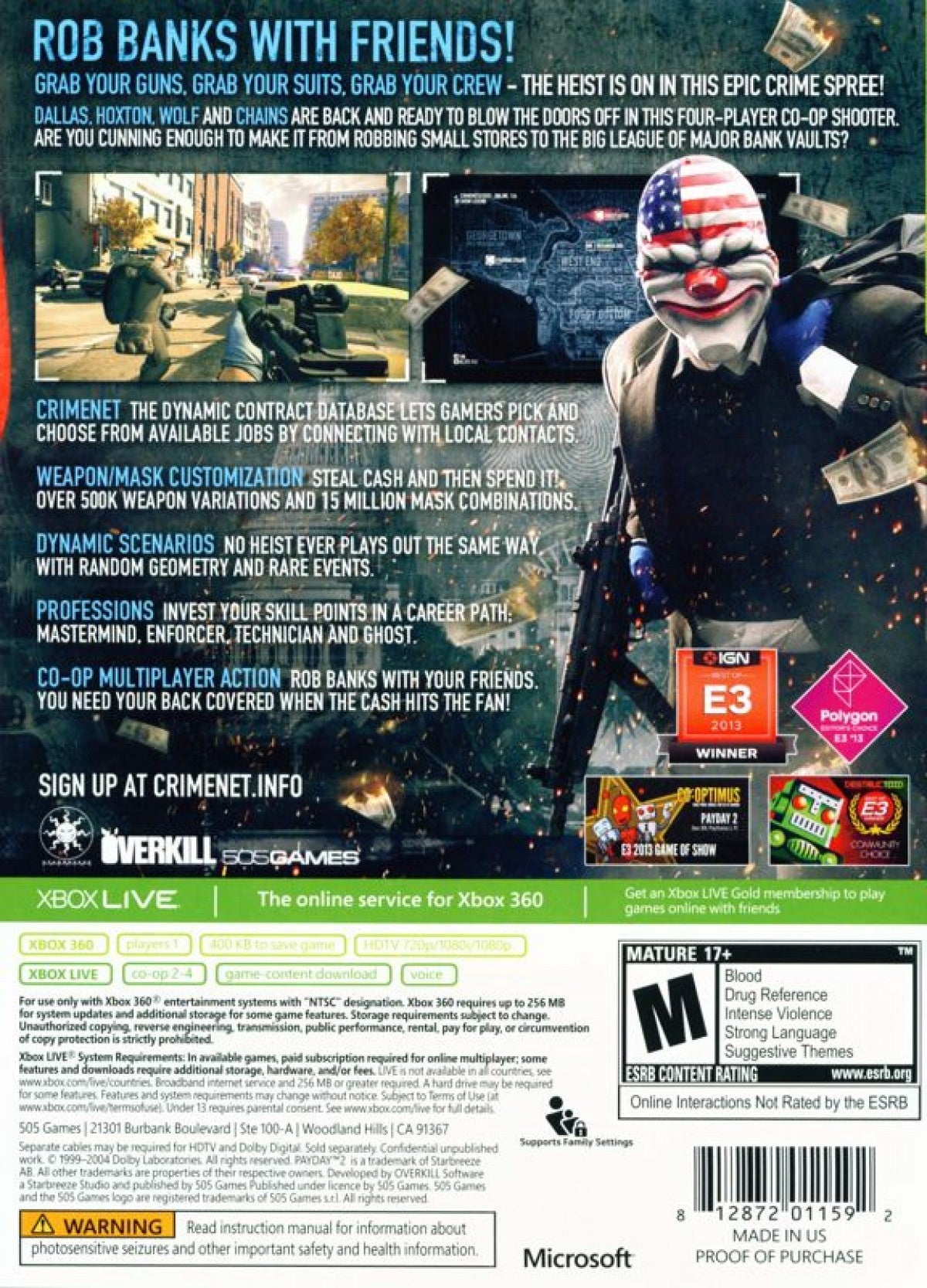 Payday 2 Xbox 360 game featuring cooperative heist gameplay, strategic first-person shooter action, and multiplayer crime missions back cover art