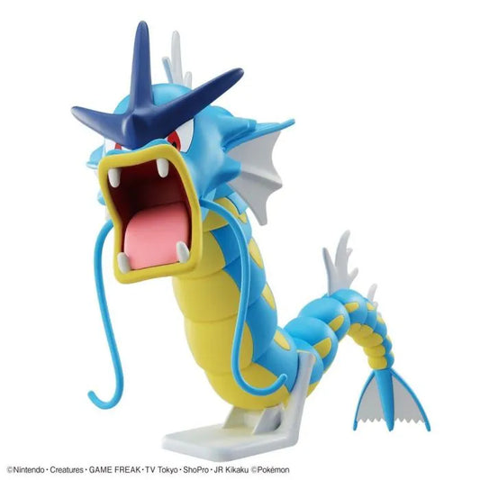 Gyarados Pokemon Bandai Spirits Hobby model kit inspired design featuring detailed buildable aquatic dragon creature aesthetic iconic water and flying type Pokemon design articulated display features dynamic serpentine body construction collectible model building and anime inspired presentation