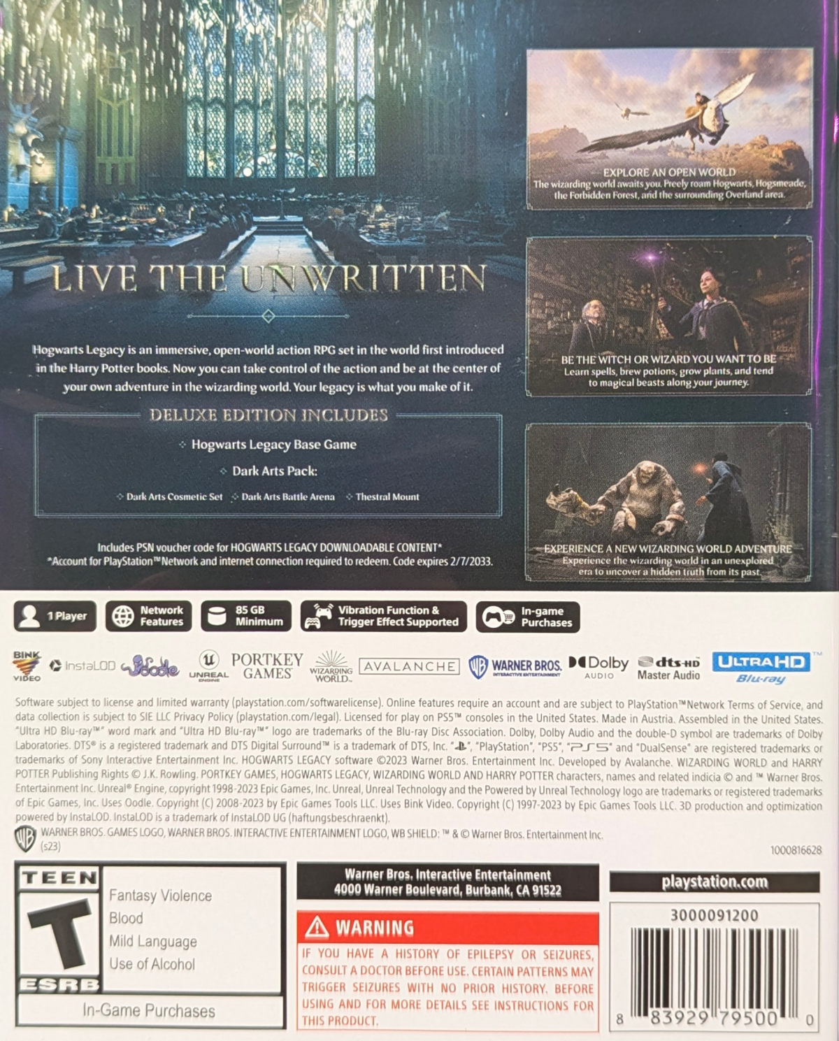 Hogwarts Legacy [Deluxe Edition] for PlayStation 5 (PS5) at Gamers INC, featuring the ultimate wizarding world experience with 72-hour early access, the Dark Arts Pack including the Thestral Mount, Dark Arts Battle Arena, and Dark Arts Cosmetic Set, plus an immersive open-world RPG adventure where you define your legacy at Hogwarts in the 1800s back cover