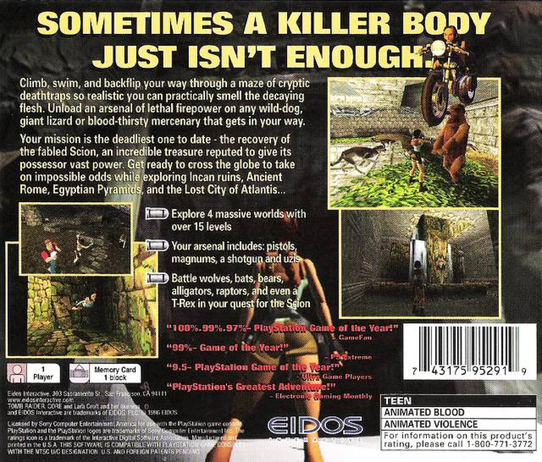 Tomb Raider back cover art for PlayStation 1 PS1 video game, action adventure, exploration and puzzle solving, classic Lara Croft debut title
