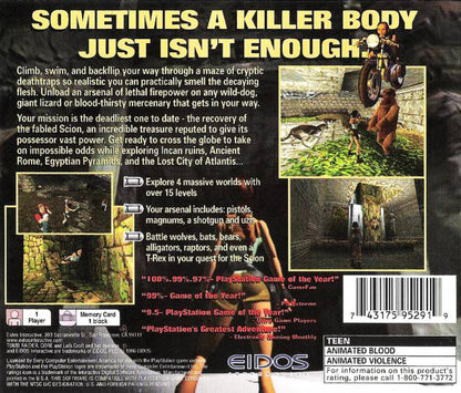 Tomb Raider back cover art for PlayStation 1 PS1 video game, action adventure, exploration and puzzle solving, classic Lara Croft debut title