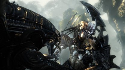 Retro Aliens vs Predator Xbox 360 inspired design featuring sci fi horror shooter aesthetic vintage HD era alien xenomorph marine predator jungle facility survival combat tense atmospheric action cinematic franchise crossover nostalgic FPS presentation gameplay 