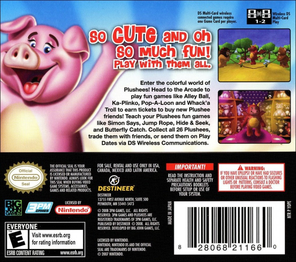 Plushees Nintendo DS video game, virtual plush toy collection and care gameplay, cute casual simulation, handheld console title back cover