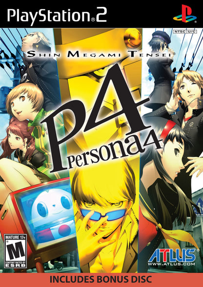 Shin Megami Tensei Persona 4 Missing Bonus Disc PlayStation 2 PS2 video game featuring Japanese role playing gameplay Yu Narukami character supernatural mystery investigation social simulation dungeon exploration turn based combat Persona abilities and classic PlayStation 2 gameplay retro video game collection collectible gaming appeal cover art