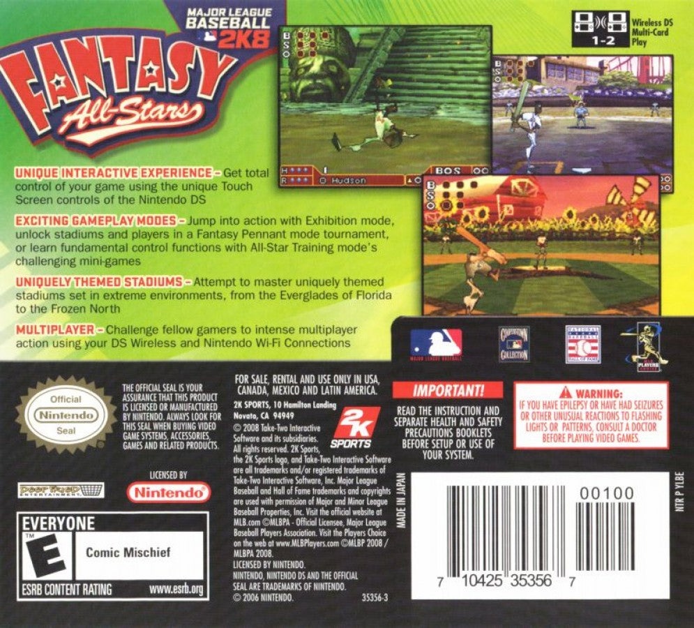 MLB 2K8 Fantasy All Stars for Nintendo DS arcade style baseball video game featuring exaggerated cartoon players fantasy themed teams fast paced gameplay touch controls and a fun all ages handheld baseball experience back cover