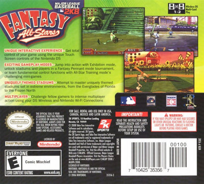MLB 2K8 Fantasy All Stars for Nintendo DS arcade style baseball video game featuring exaggerated cartoon players fantasy themed teams fast paced gameplay touch controls and a fun all ages handheld baseball experience back cover