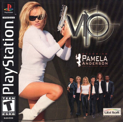 V.I.P. for PlayStation 1 action adventure game based on the Pamela Anderson TV series featuring shooting missions stealth gameplay and spy themed story front cover 
