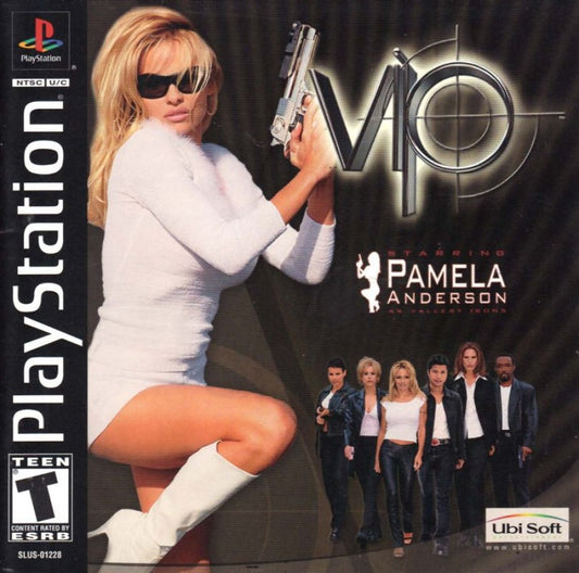 V.I.P. for PlayStation 1 action adventure game based on the Pamela Anderson TV series featuring shooting missions stealth gameplay and spy themed story front cover 