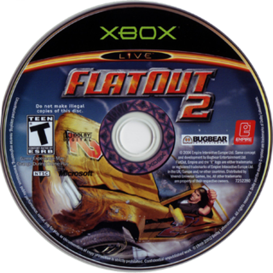 Xbox game disc for 'FlatOut 2' with branding and graphics.