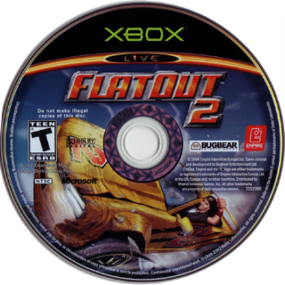 Xbox game disc for 'FlatOut 2' with branding and graphics.