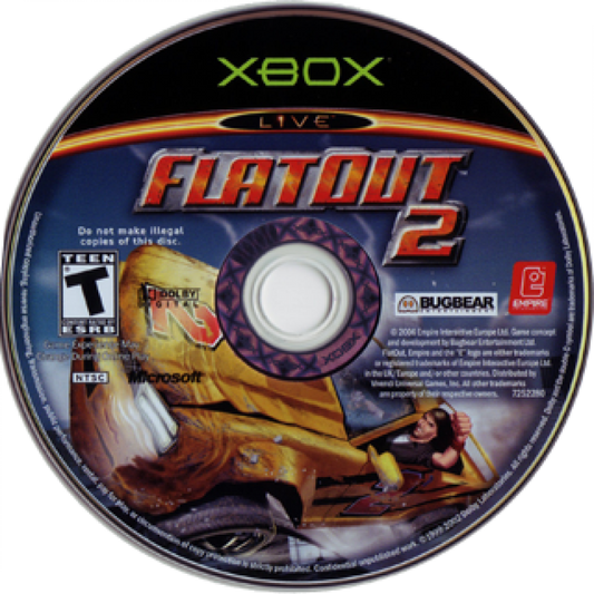 Xbox game disc for 'FlatOut 2' with branding and graphics.