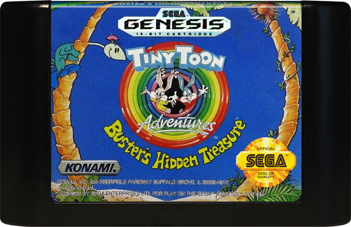 Tiny Toon Adventures Busters Hidden Treasure retro Sega Genesis video game featuring side scrolling platform gameplay, cartoon character action, obstacle challenges and classic Genesis entertainment - cartridge