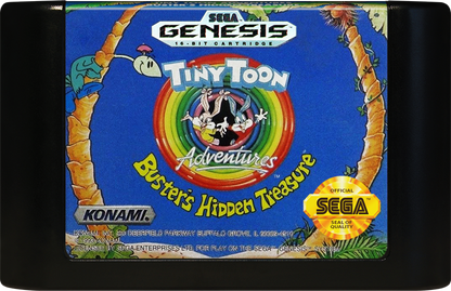 Tiny Toon Adventures Busters Hidden Treasure retro Sega Genesis video game featuring side scrolling platform gameplay, cartoon character action, obstacle challenges and classic Genesis entertainment - cartridge