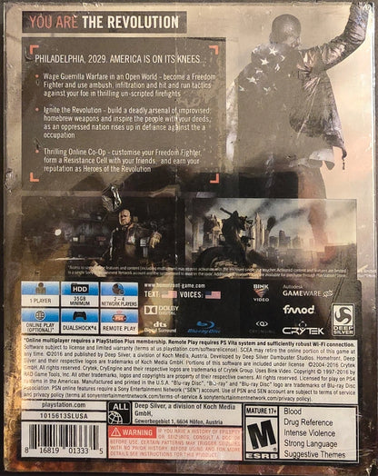 Homefront: The Revolution [SteelBook Edition] – PlayStation 4 (PS4) video game back of case, open-world first-person shooter published by Deep Silver