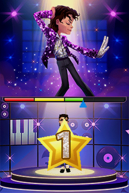 Michael Jackson The Experience for Nintendo DS (DS), gameplay for a retro video game featuring rhythm-based gameplay, music performance challenges, dance mechanics, iconic song tracks, and interactive pop music action