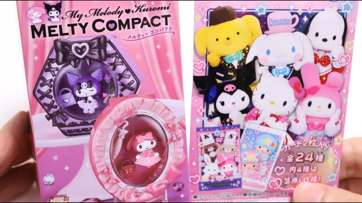 Pre-painted figures in compact-style cases with chewing gum candy set.

Introducing the new compact-style figures of My Melody and Kuromi. You can carry them around or swap out parts with other items from the lineup to customize them according to your personal style.