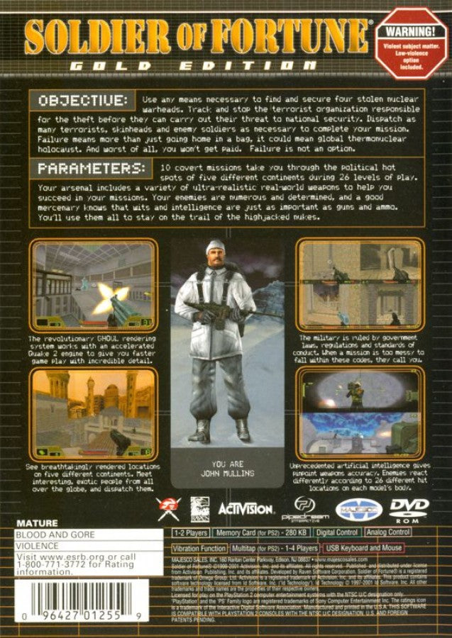 Soldier of Fortune – PlayStation 2 (PS2) video game back of case, first-person shooter.