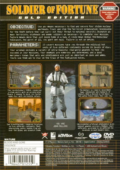 Soldier of Fortune – PlayStation 2 (PS2) video game back of case, first-person shooter.