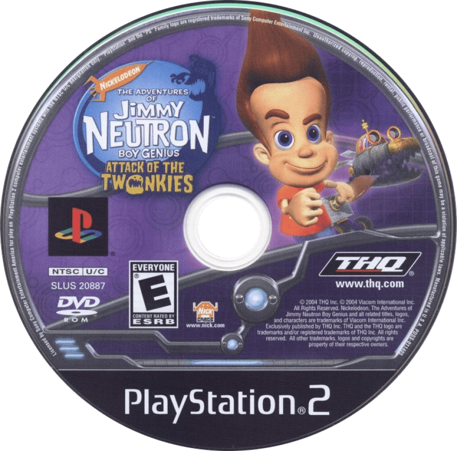 The Adventures of Jimmy Neutron Boy Genius Attack of the Twonkies PlayStation 2 action-adventure platformer video game based on the animated movie snow planet Twonkies creatures Jimmy Sheen Cindy Carl battling collecting THQ Nickelodeon license disc